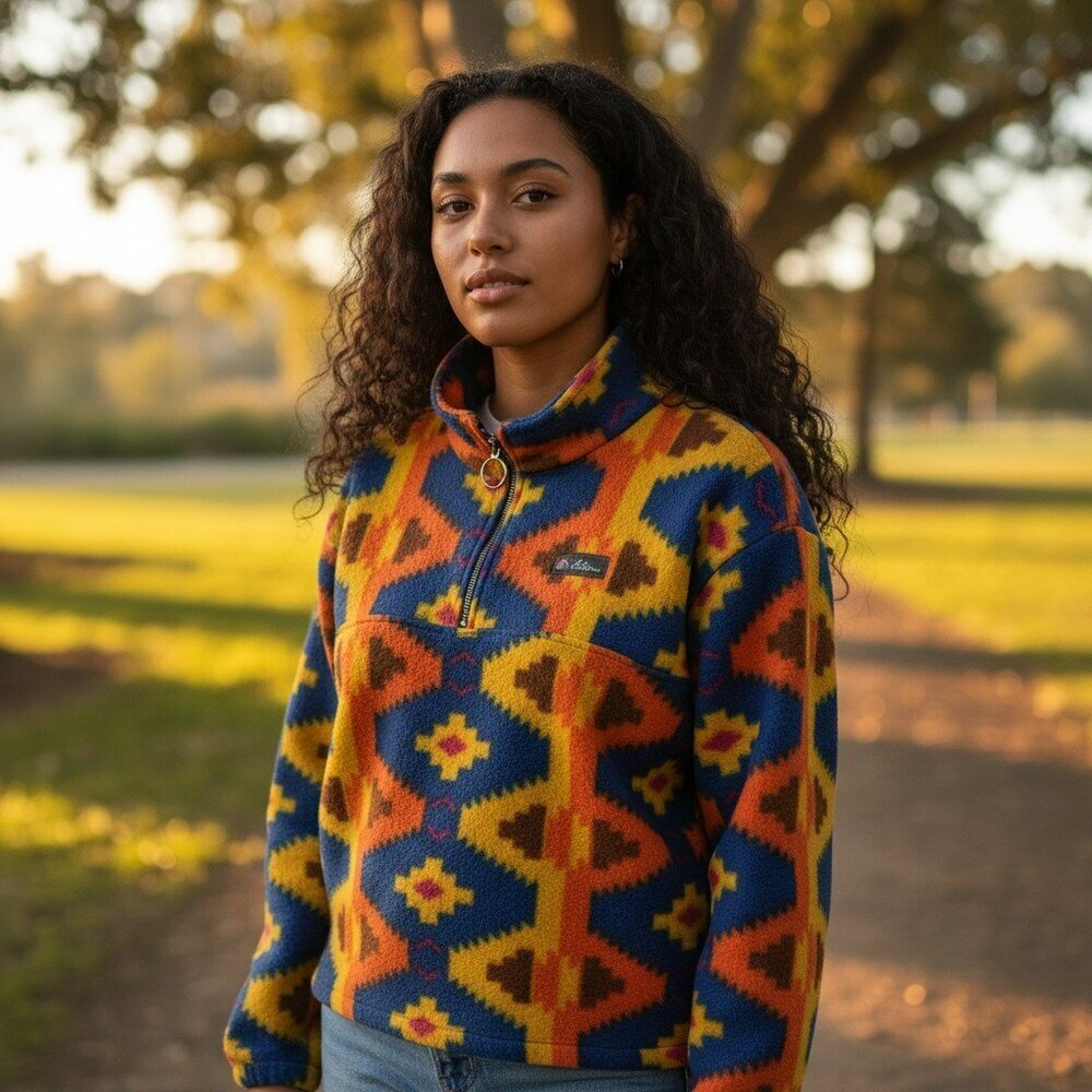 No Excuses Large Blue Orange Tribal Aztec 1/4 Zip Pullover Fleece Shirt Top L